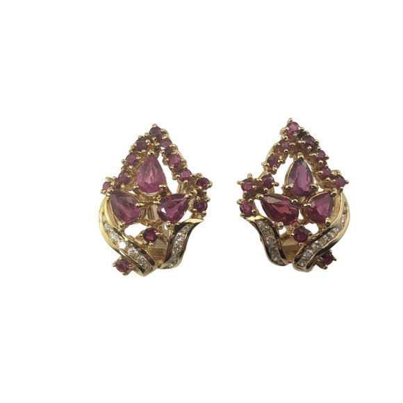 Vintage 14 Karat Yellow Gold Natural Ruby and Diamond Earrings #11746 - Picture 1 of 8